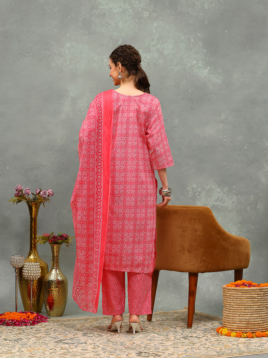 Floral Printed Cotton Kurta With Pants &amp; Dupatta