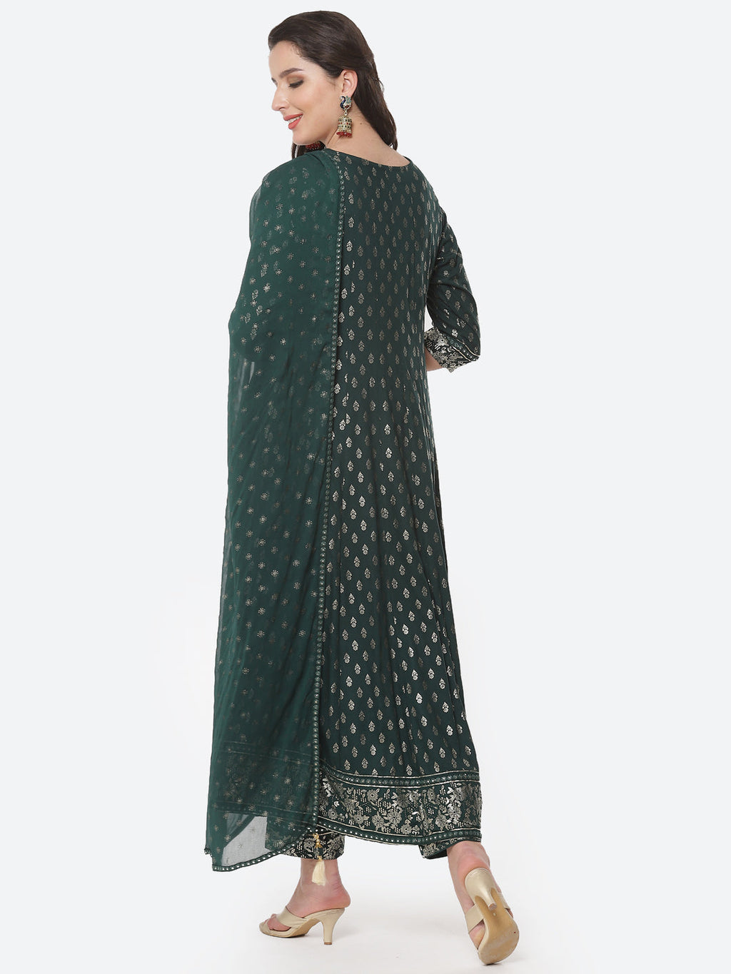Printed Zari Neck Cotton Stitched Anarkali Salwar Kameez With Chiffon Dupatta