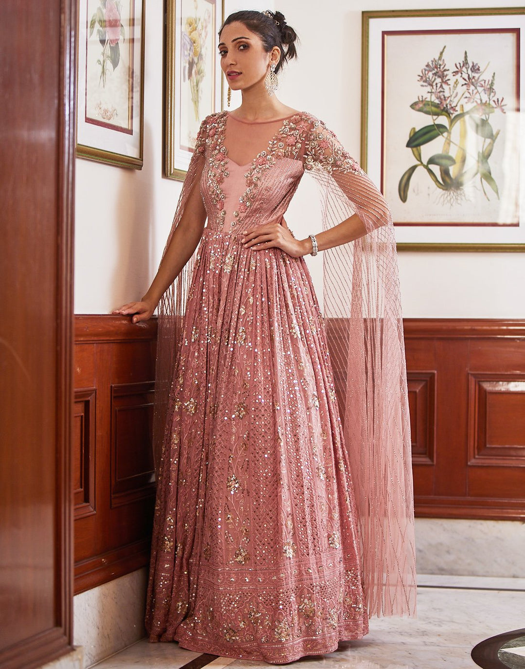 Sequence Embroidered Georgette Gown With Cape Sleeves