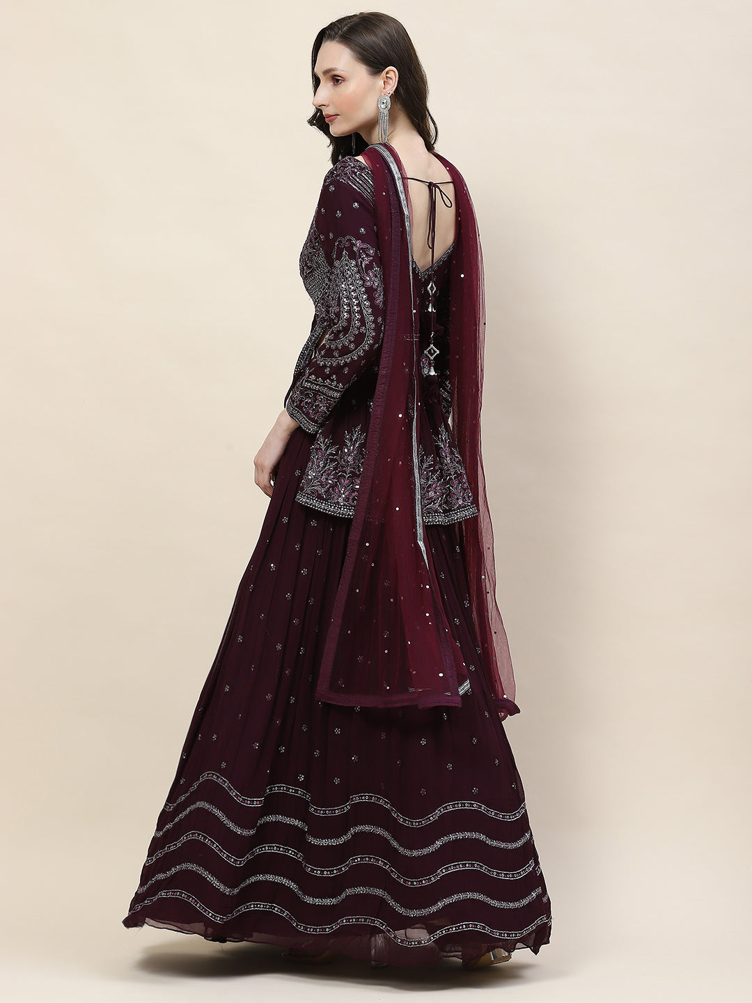 Sequin Zari Embroidered Georgette Choli With Lehenga &amp; Dupatta