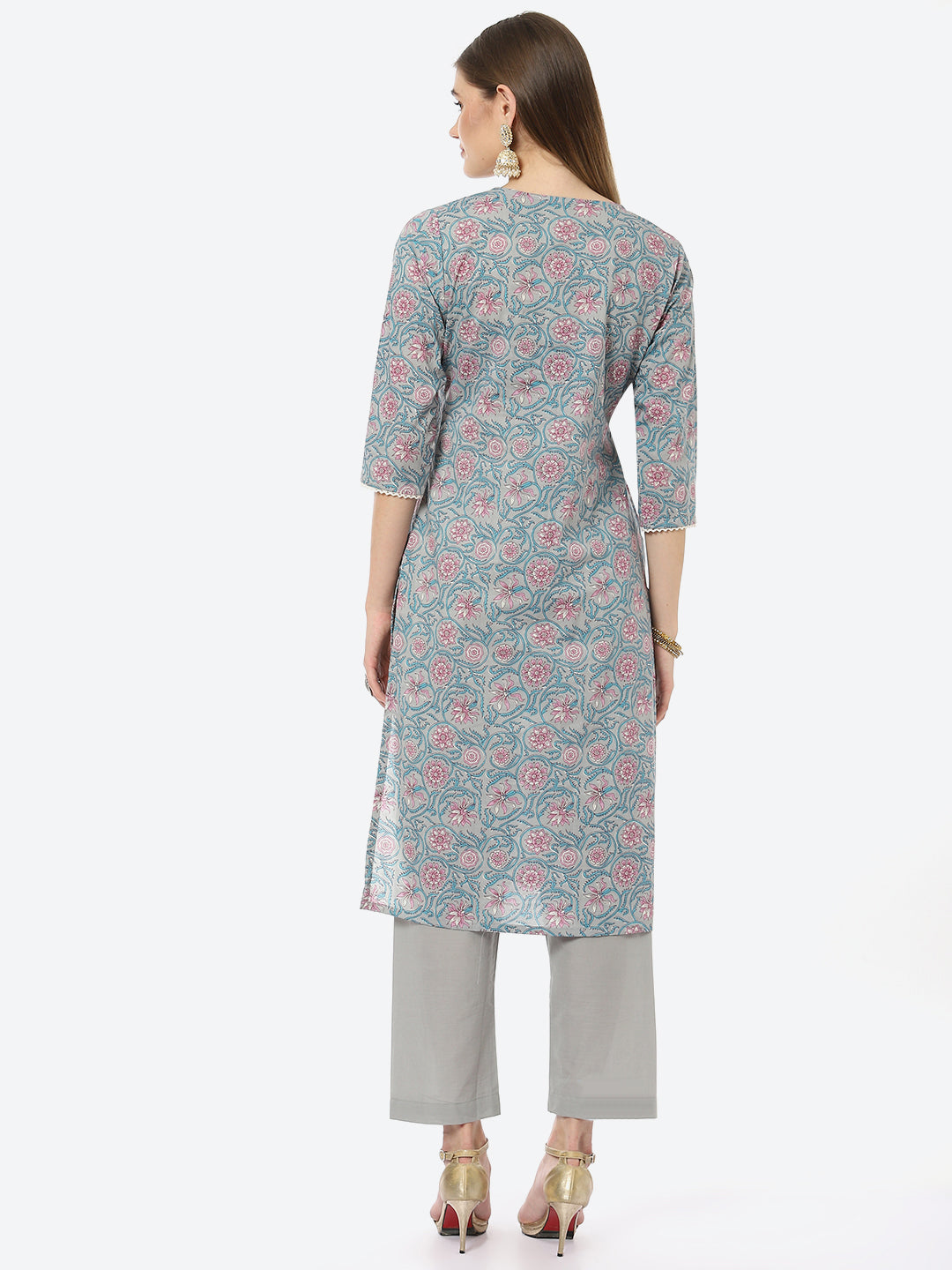 Resham Neck Embroidered Printed Chanderi Kurta With Pant