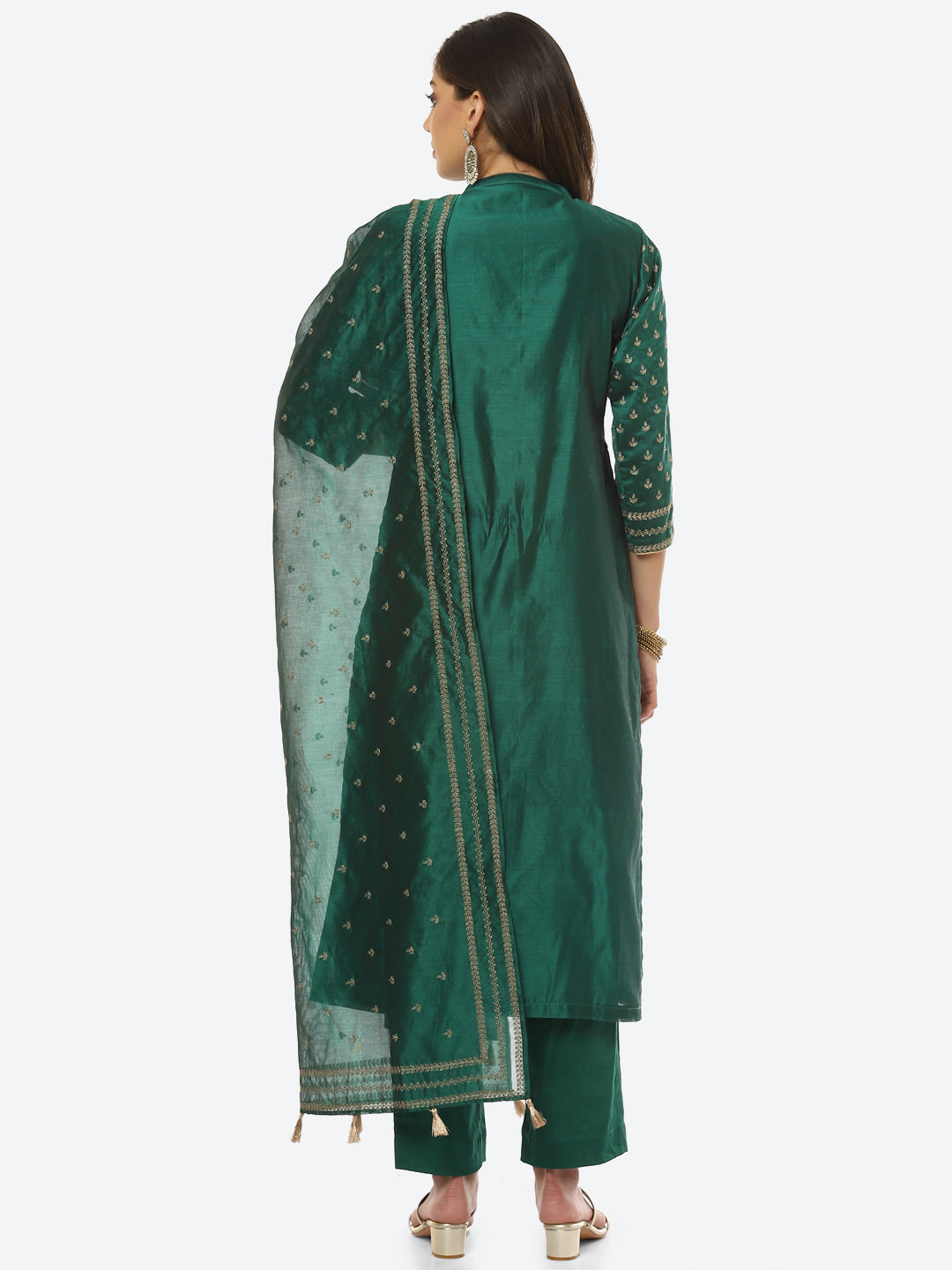 Resham Embroidered Booti Border Chanderi kurta With Pant &amp; Dupatta