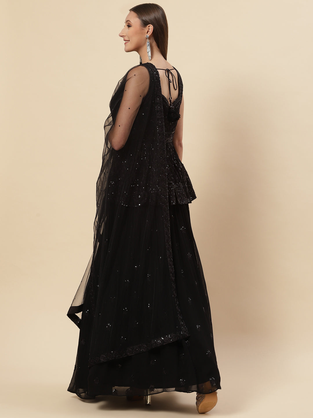 Sequin Embroidered Georgette Choli With Lehenga &amp; Net Dupatta