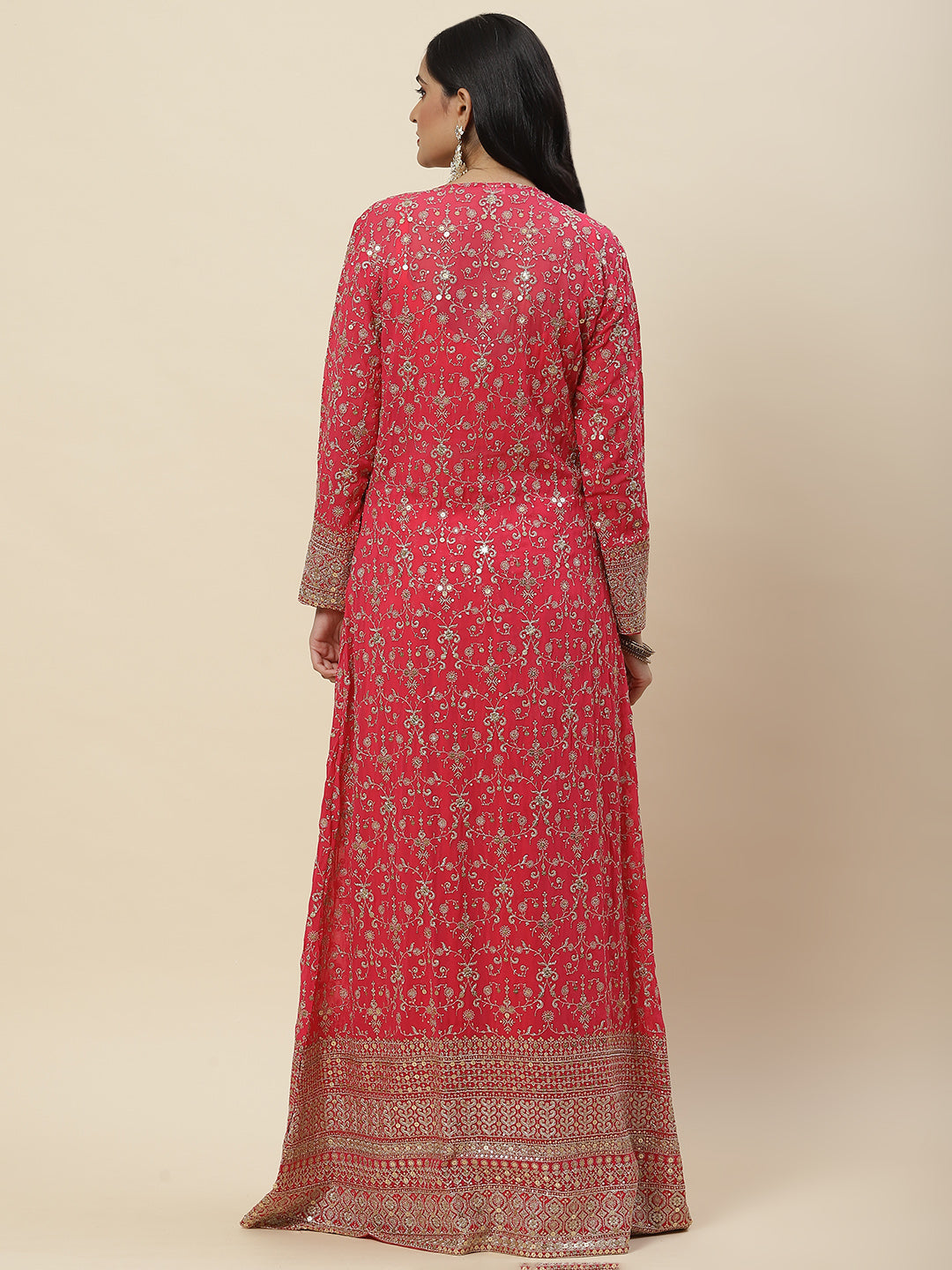Zari Sequin Embroidered Georgette Crop Top With Palazzo &amp; Jacket