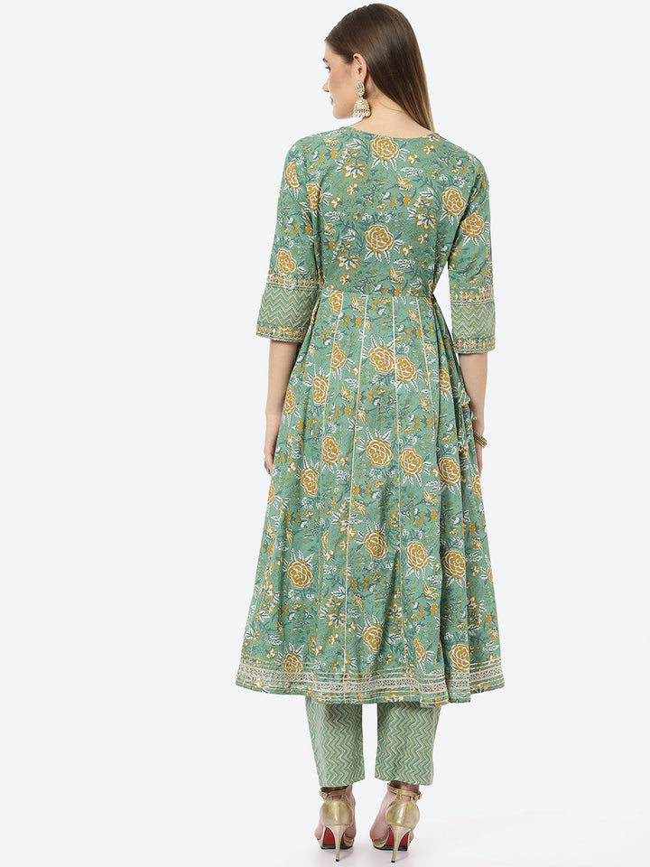 Zari Neck Embroidered Booti Printed Cotton Anarkali Kurta With Pant