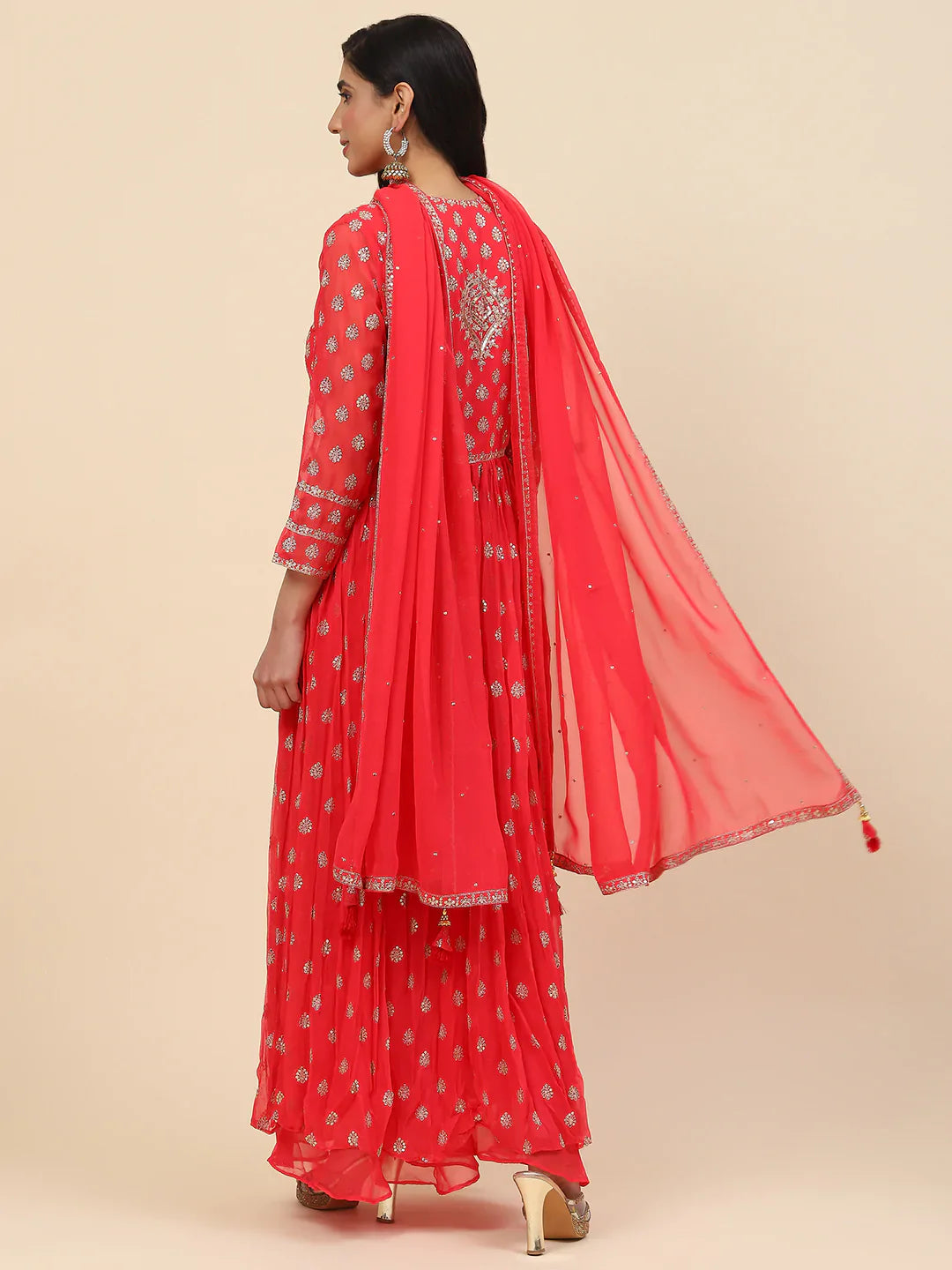 Sequin Embroidered Georgette Kurta With Sharara &amp; Dupatta