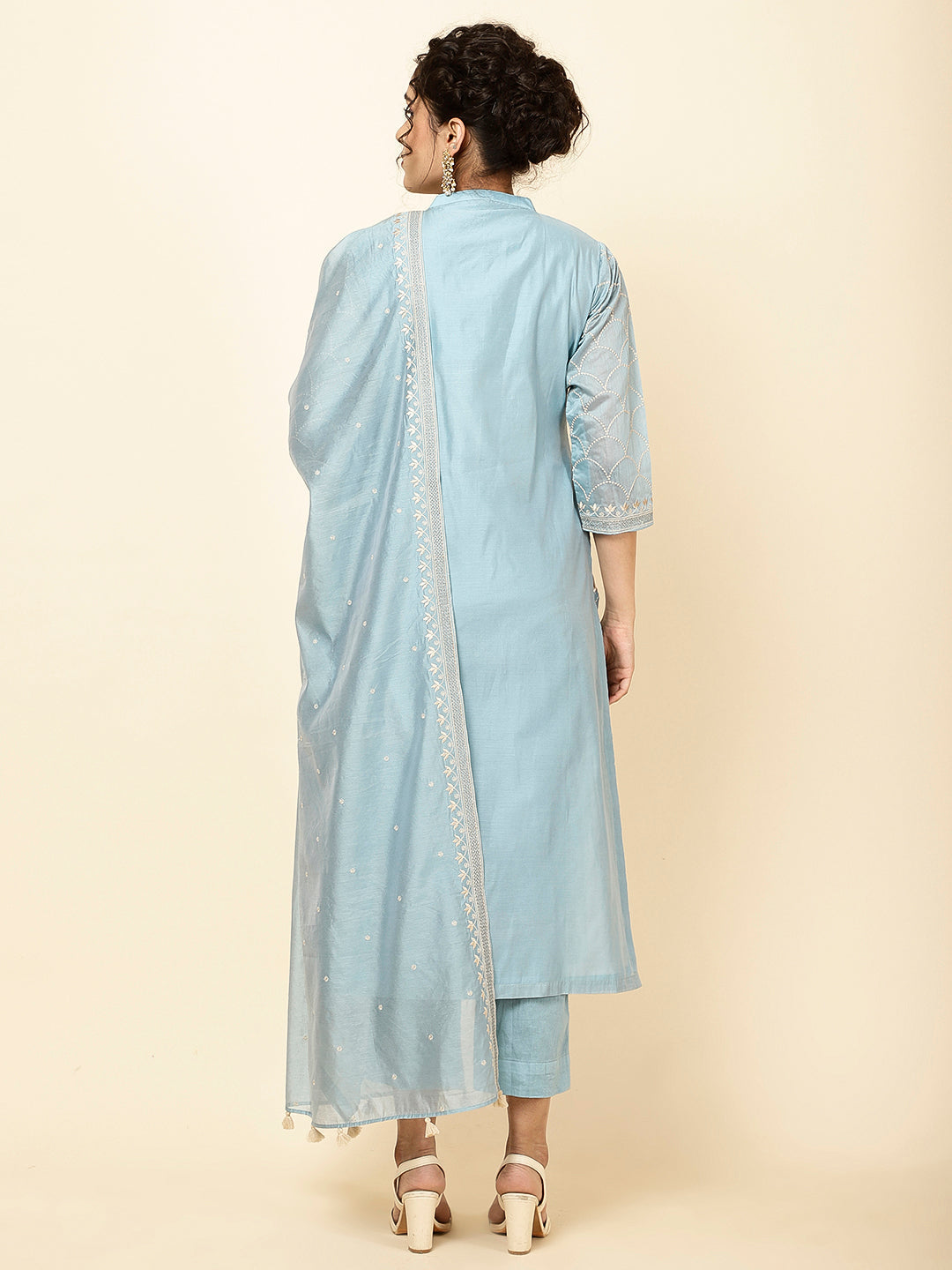 Embroidered Chanderi Kurta With Pants &amp; Dupatta