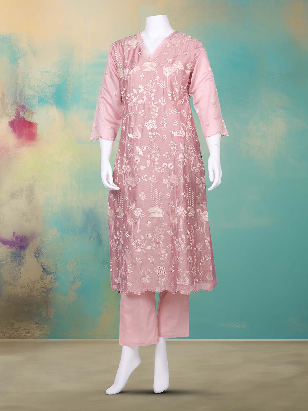 Embroidered Chanderi Kurta With Pant &amp; Dupatta