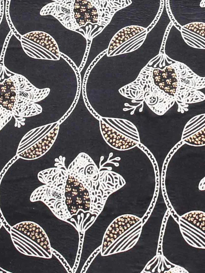 Black Printed Cotton Handbag With Pouch