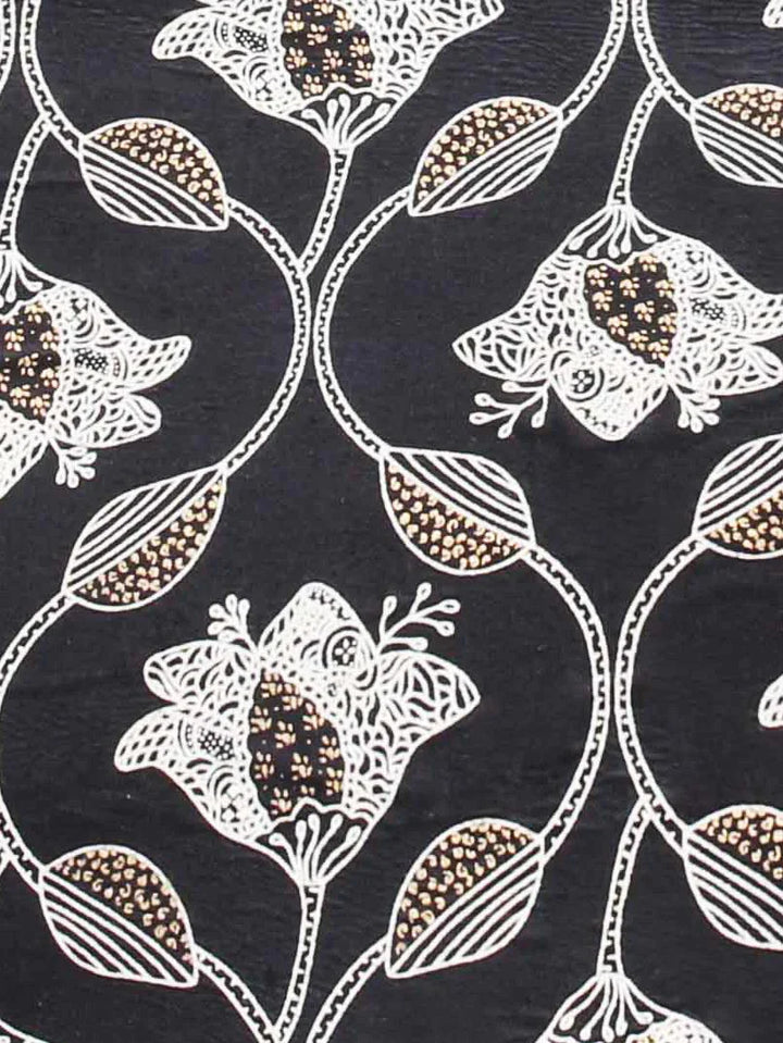 Black Printed Cotton Handbag With Pouch