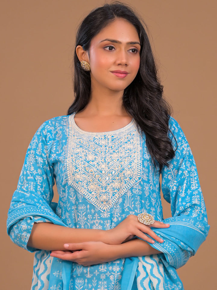 Printed Cotton Blend Kurta With Pants &amp; Dupatta