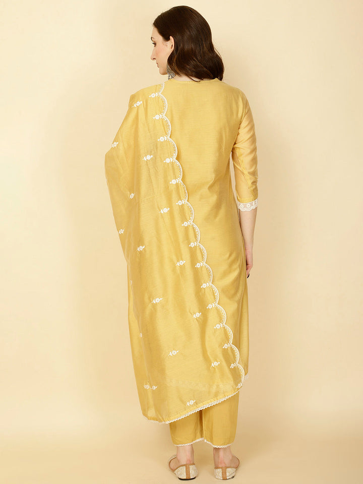 Floral Embroidery Chanderi Kurta With Pants &amp; Dupatta