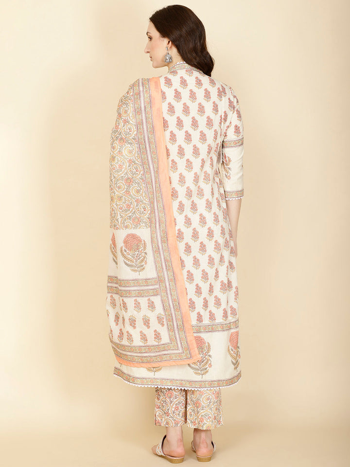 Floral Block Printed Cotton Kurta With Pants &amp; Dupatta