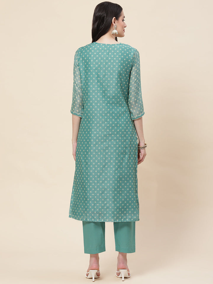 Printed &amp; Neck Embroidered Chanderi Kurta With Pants