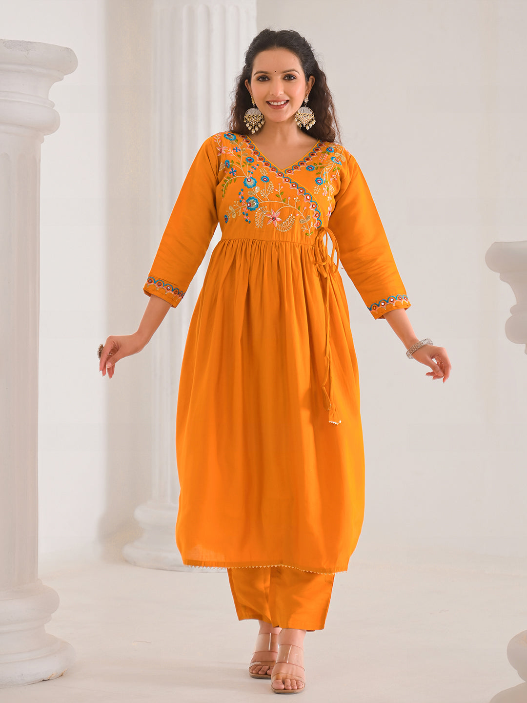 Neck Embroidery Cotton Blend Kurta With Pants &amp; Dupatta