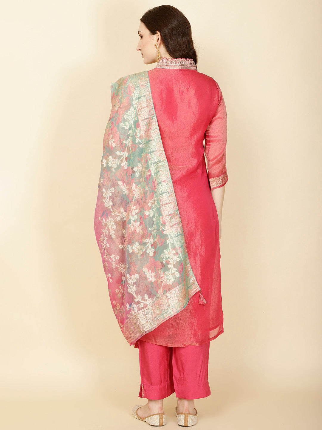 Floral Woven Tissue Kurta With Pants & Dupatta