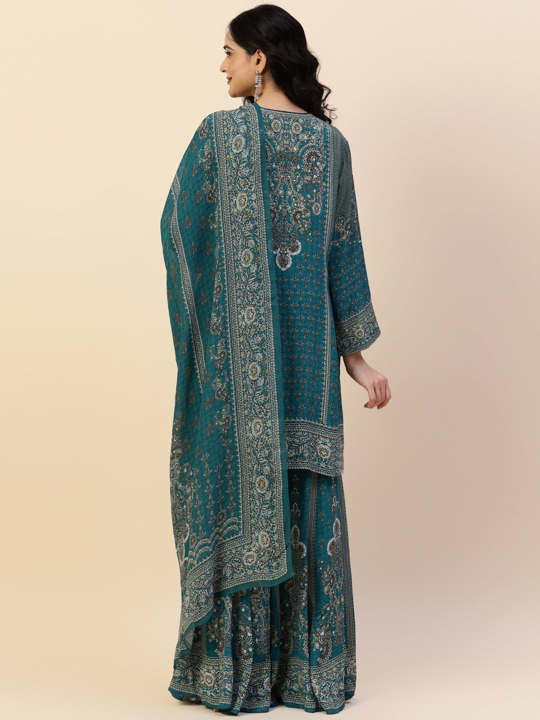 Digital Printed Crepe Kurta With Sharara &amp; Dupatta