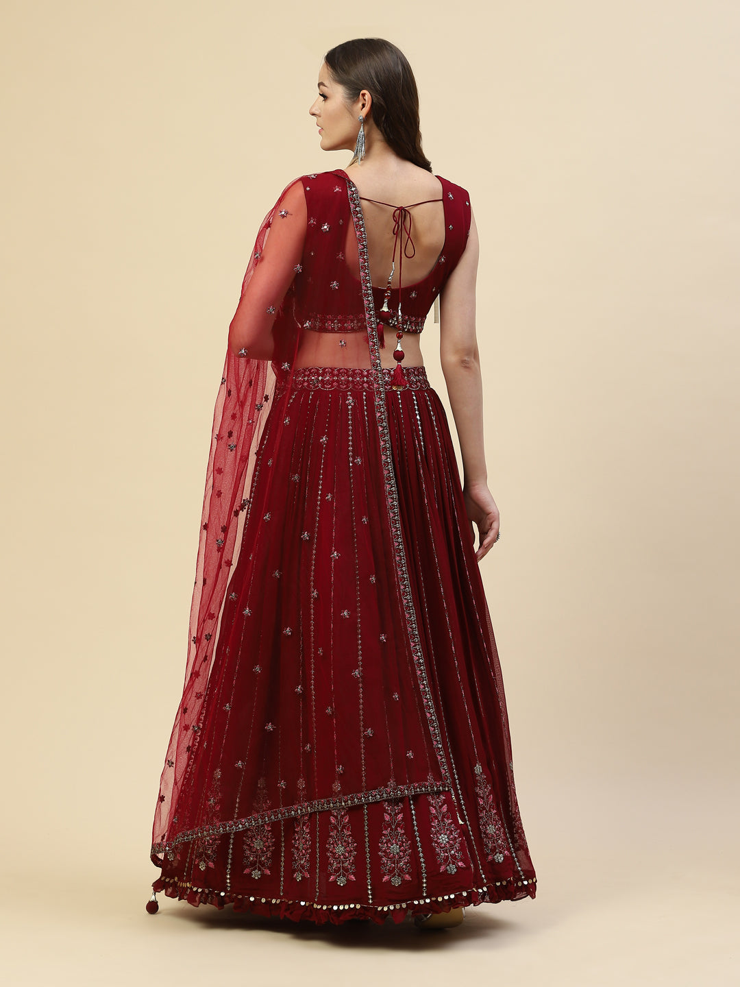 Resham Embroidered Georgette Choli With Lehenga &amp; Net Dupatta