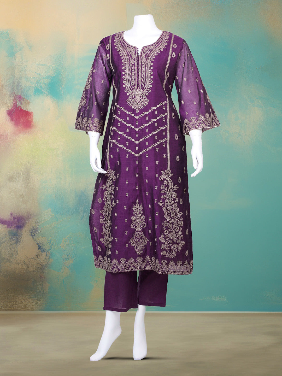 Embroidered Chanderi Kurta With Pant &amp; Dupatta