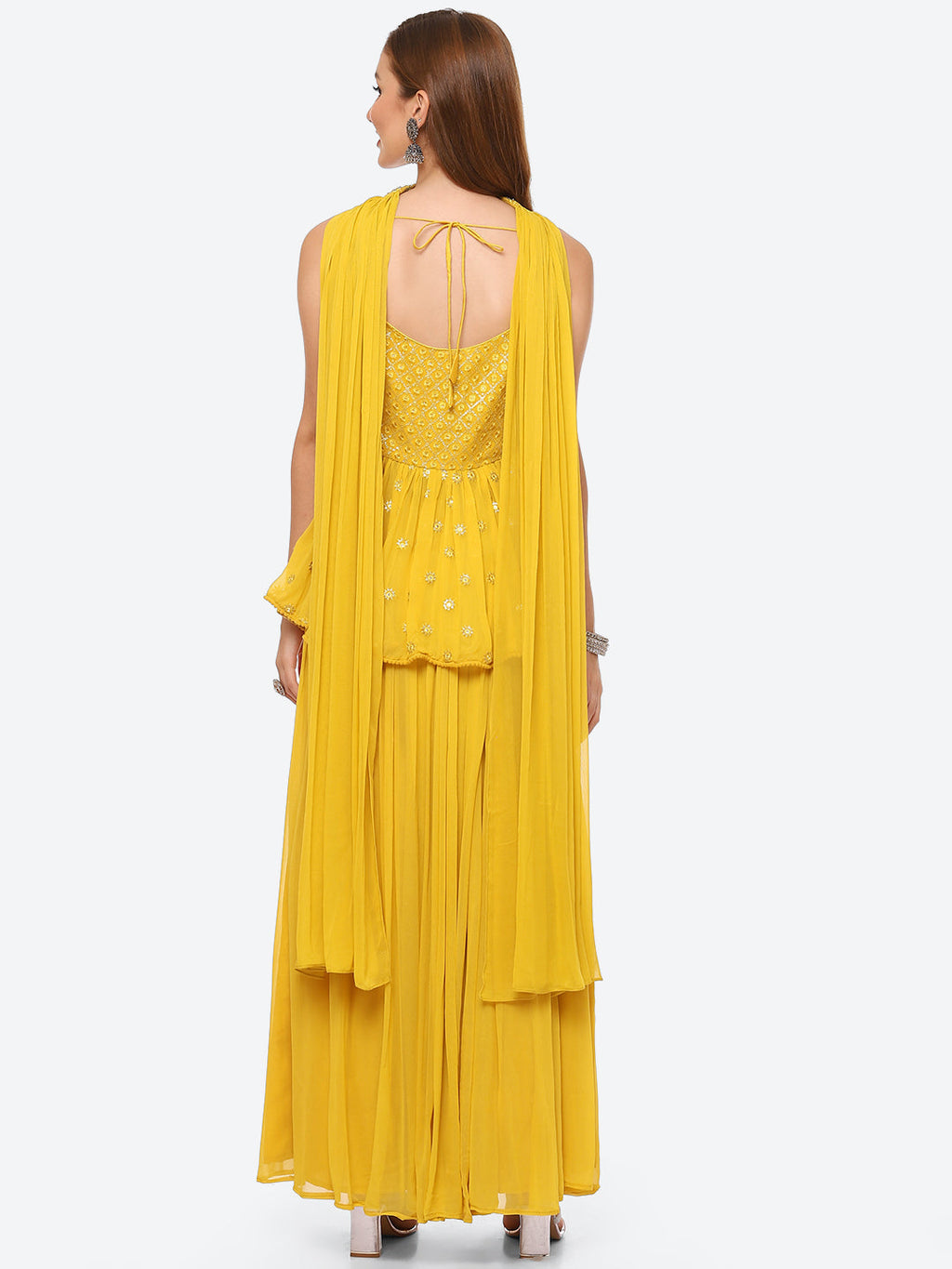 Mirror Neck Embroidered Georgette Peplum Kurti With Garara & Georgette Dupatta