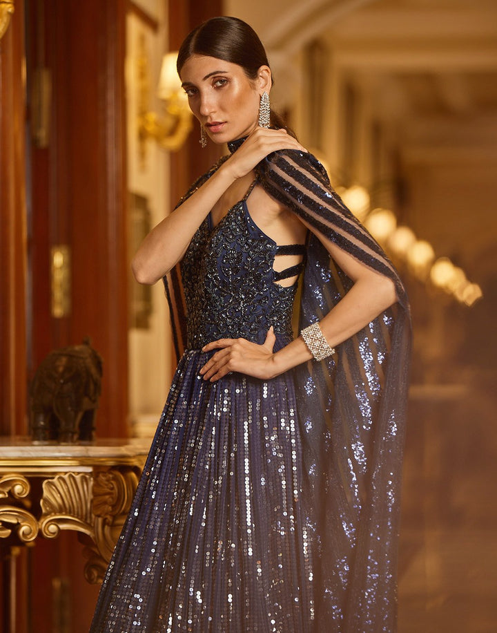 Embroidered Georgette Gown With Cape Sleeves