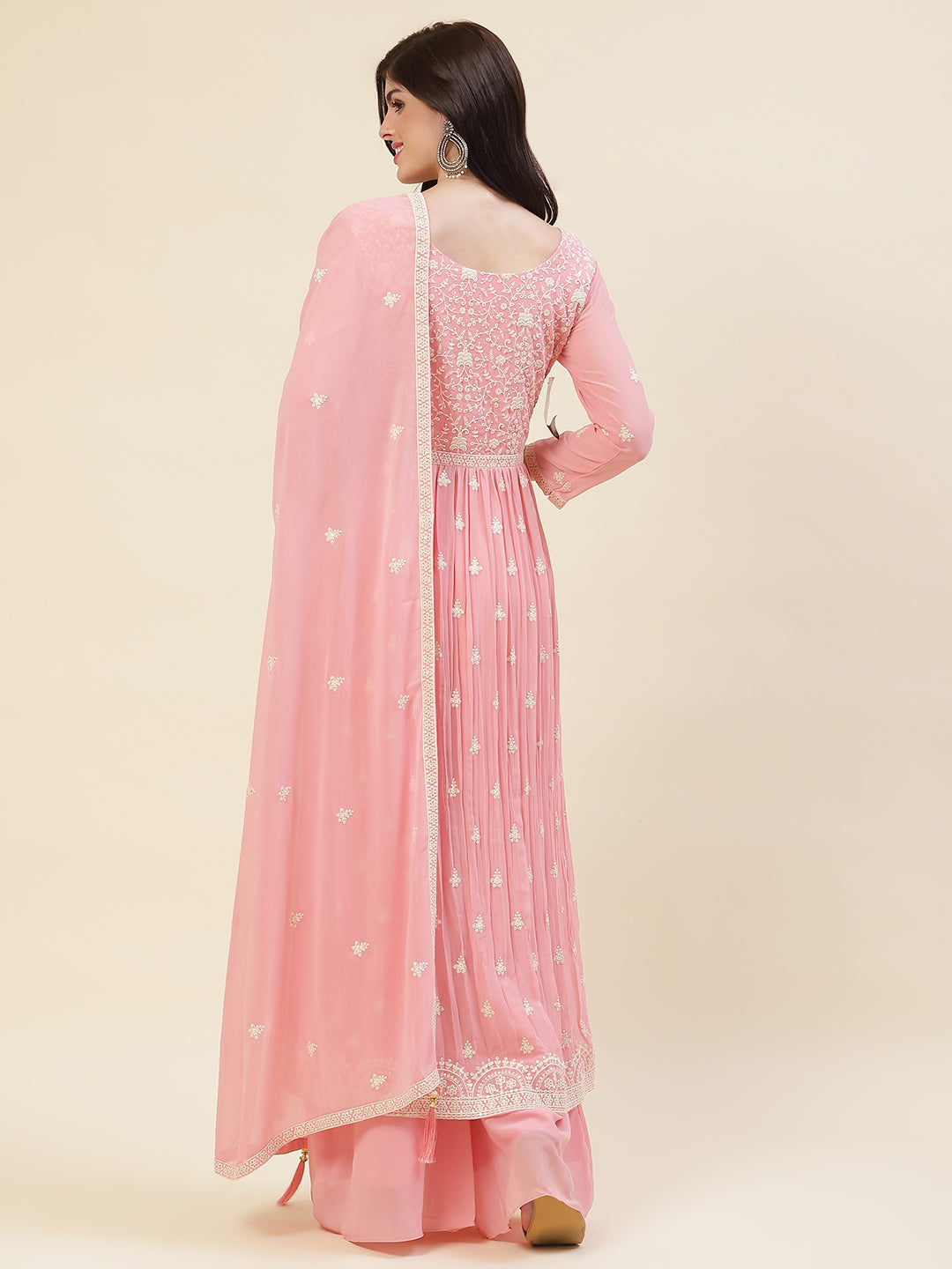 Resham Embroidered Booti Georgette Kurta With Palazzo &amp; Dupatta