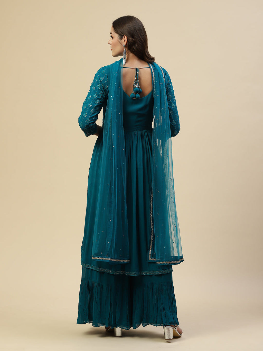 Embroidered Georgette Kurta With Palazzo & Dupatta