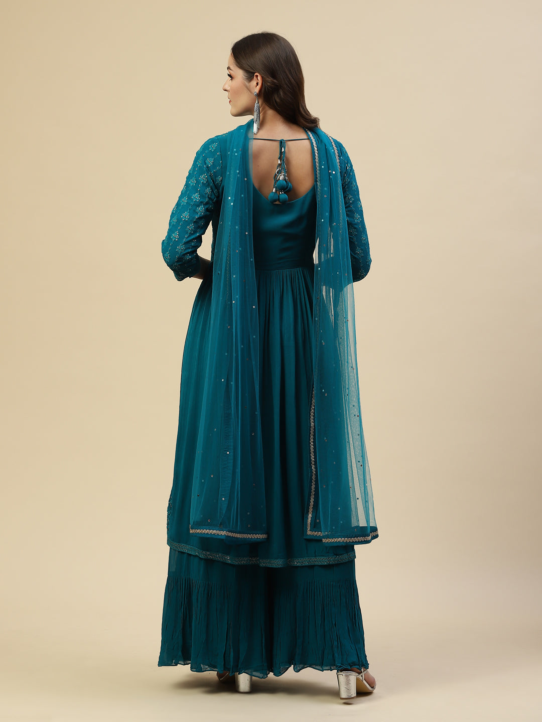 Embroidered Georgette Kurta With Palazzo & Dupatta