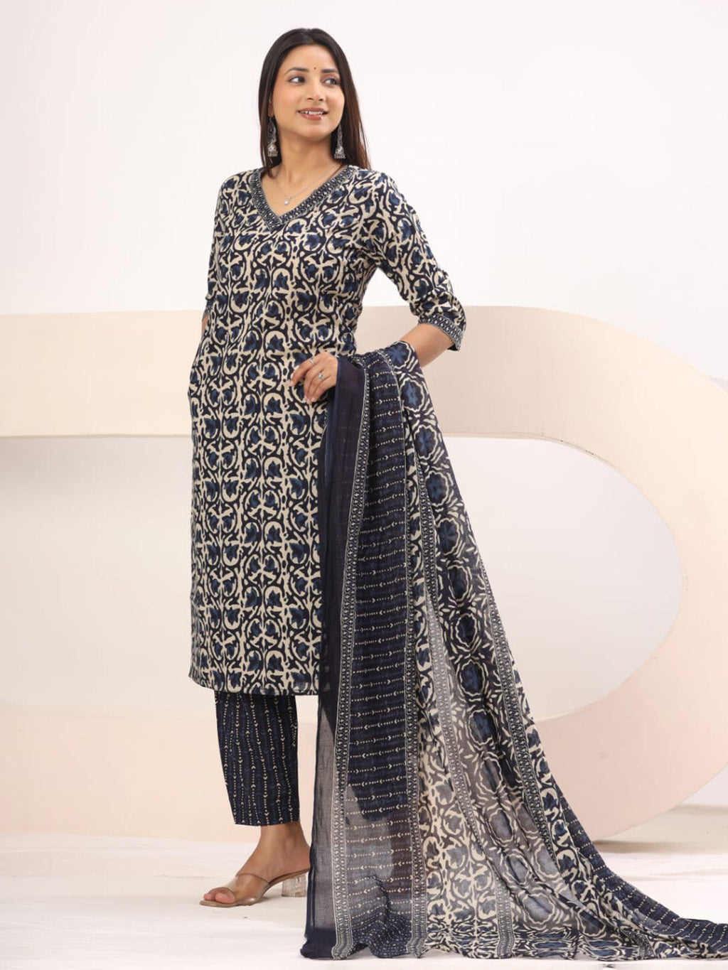 Black Embroidered Cotton Blend Straight Suit Set With Dupatta