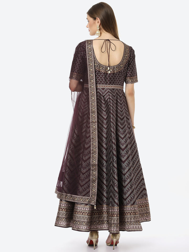 Digital Printed Anarkali Kurta With Churidar &amp; Net Dupatta