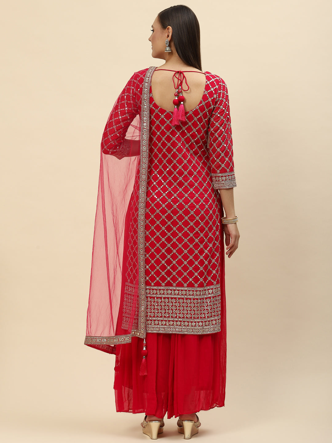 Zari Jaal Georgette Kurta With Palazzo & Dupatta