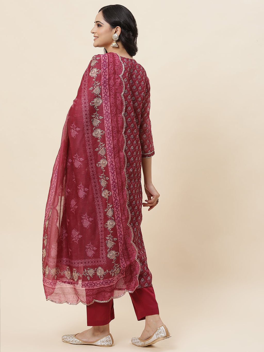 Floral Printed Chanderi Kurta With Pants & Dupatta
