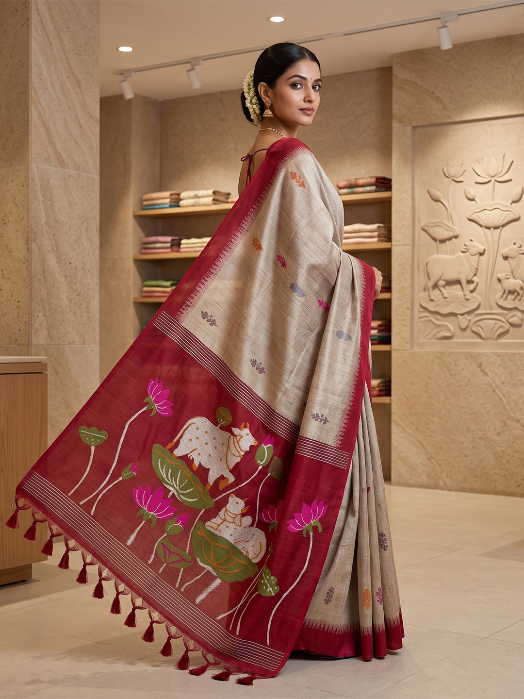 Off-White-Red Cotton Blend Woven Saree