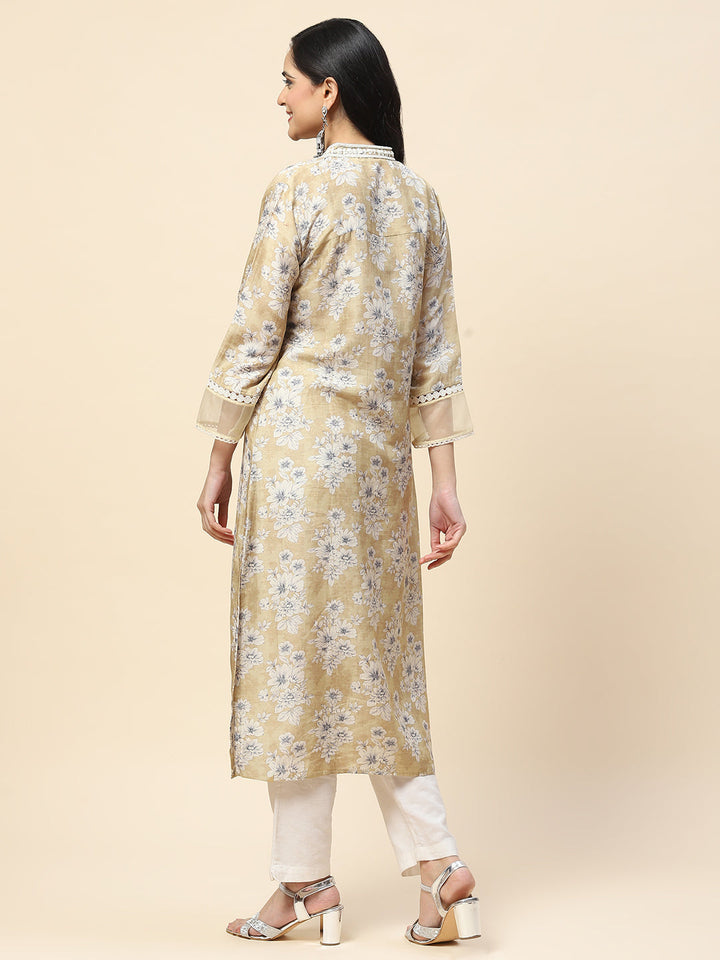 Printed With Resham Neck Embroidered Cotton Kurta