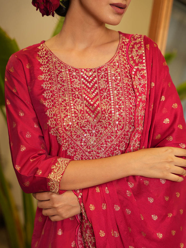 Neck Embroidered Chanderi Kurta With Garara &amp; Dupatta