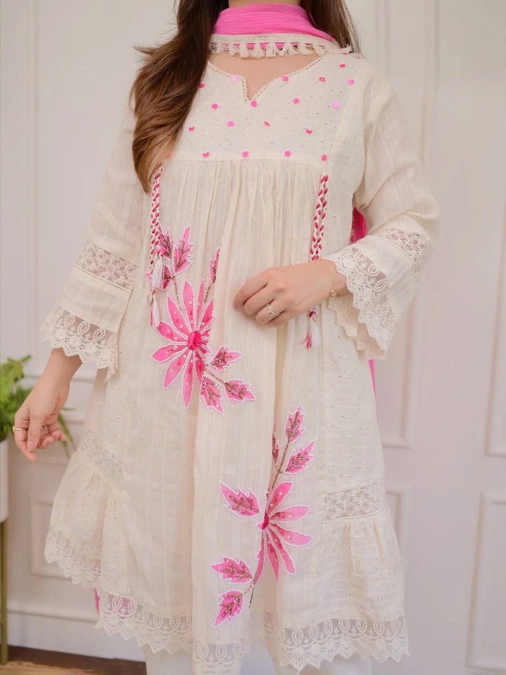 Embroidered Cotton Kurta With Pant &amp; Dupatta