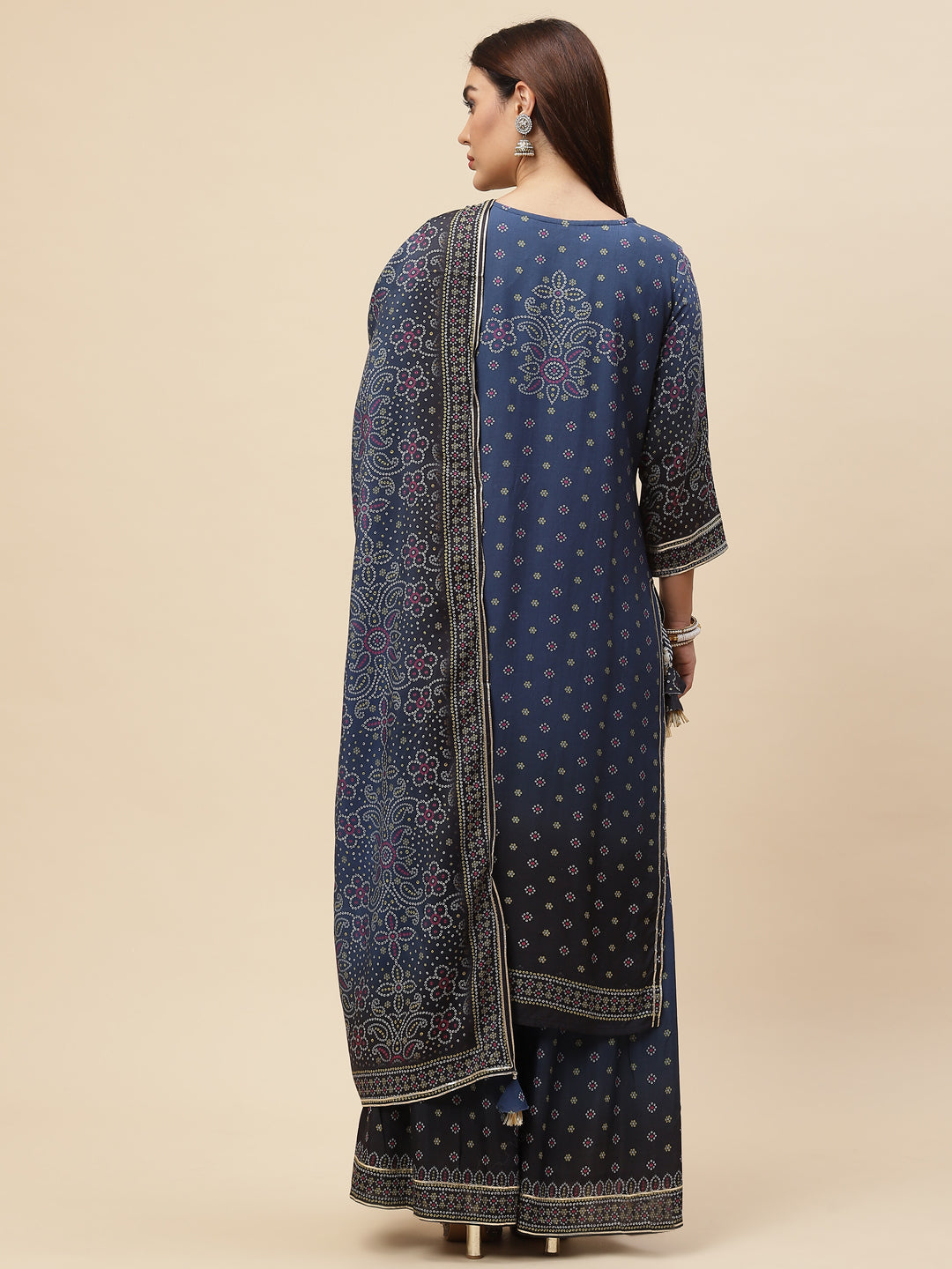 Bandhani Printed Muslin Kurta With Sharara & Dupatta