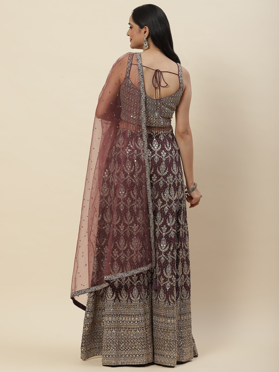 Sequin Zari Embroidered Georgette Crop Top With Palazzo &amp; Dupatta