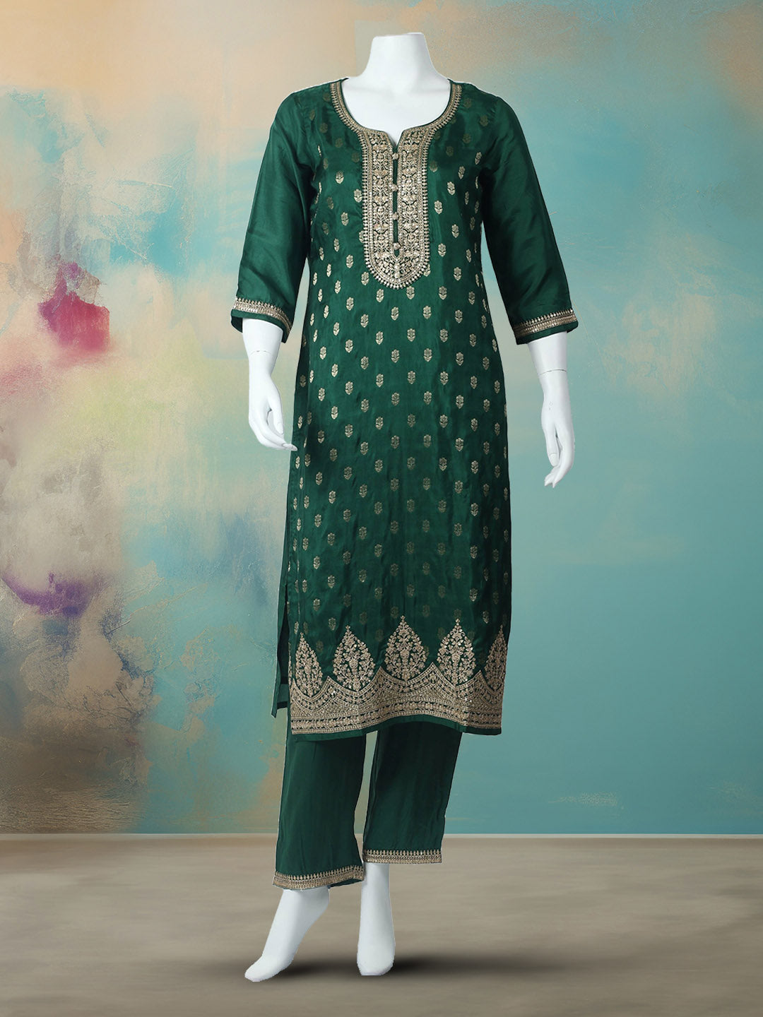 Embroidered Art Silk Kurta With Pant &amp; Dupatta