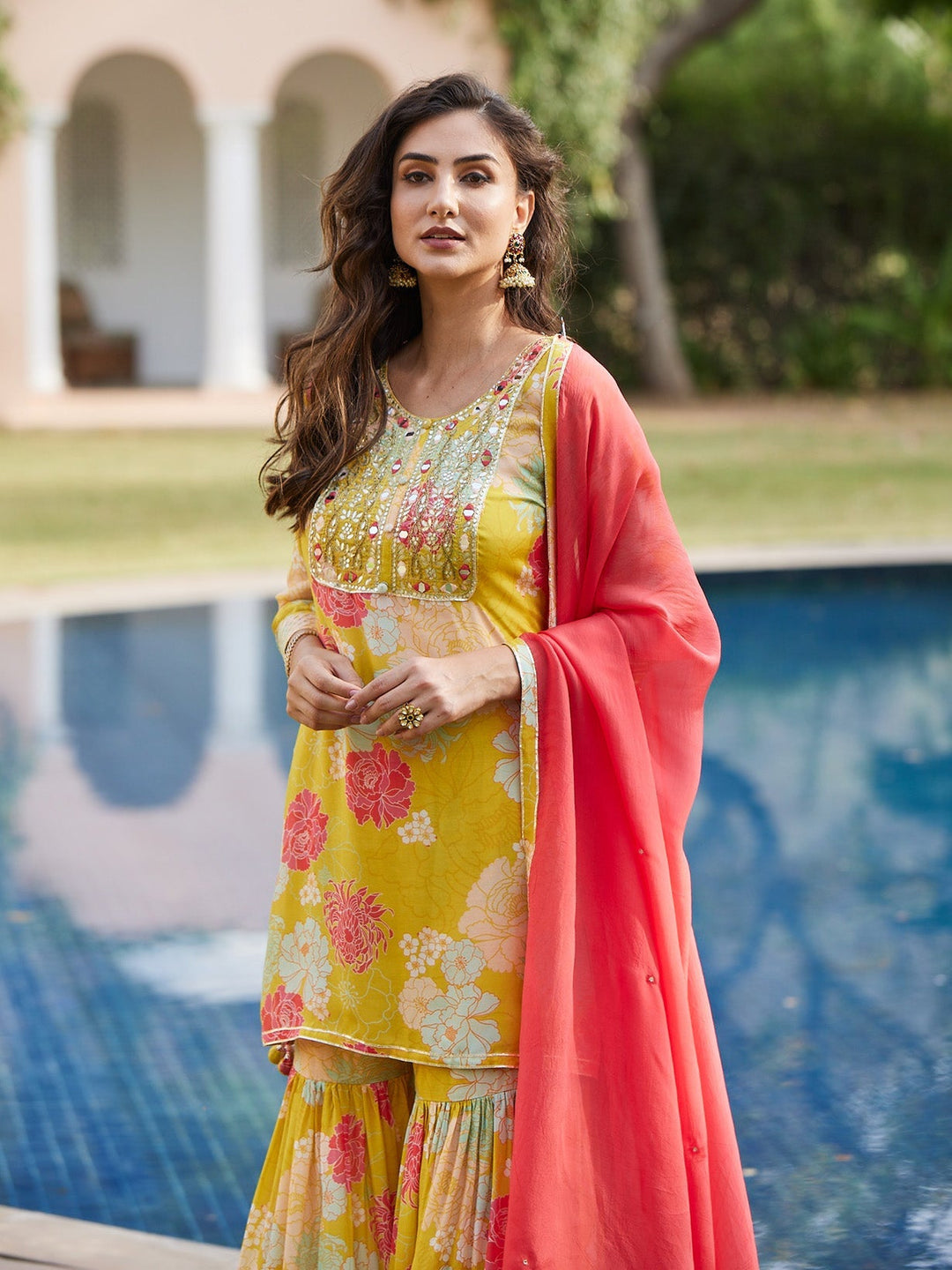 Floral Printed Cotton Kurta With Garara &amp; Dupatta