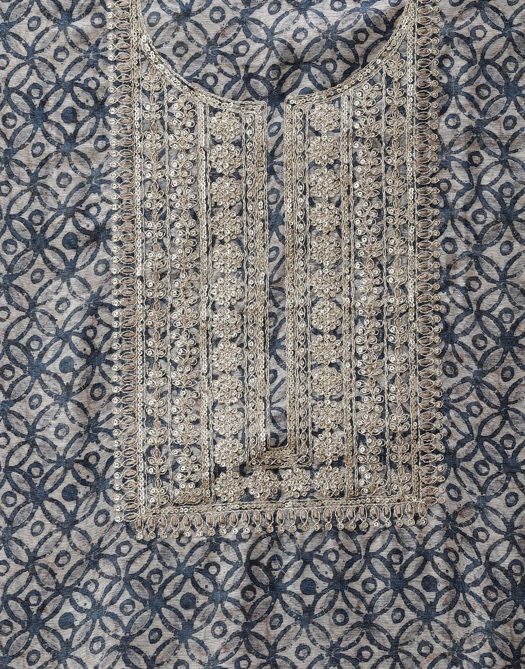 Printed Chanderi Suit Piece With Embroidered Yoke