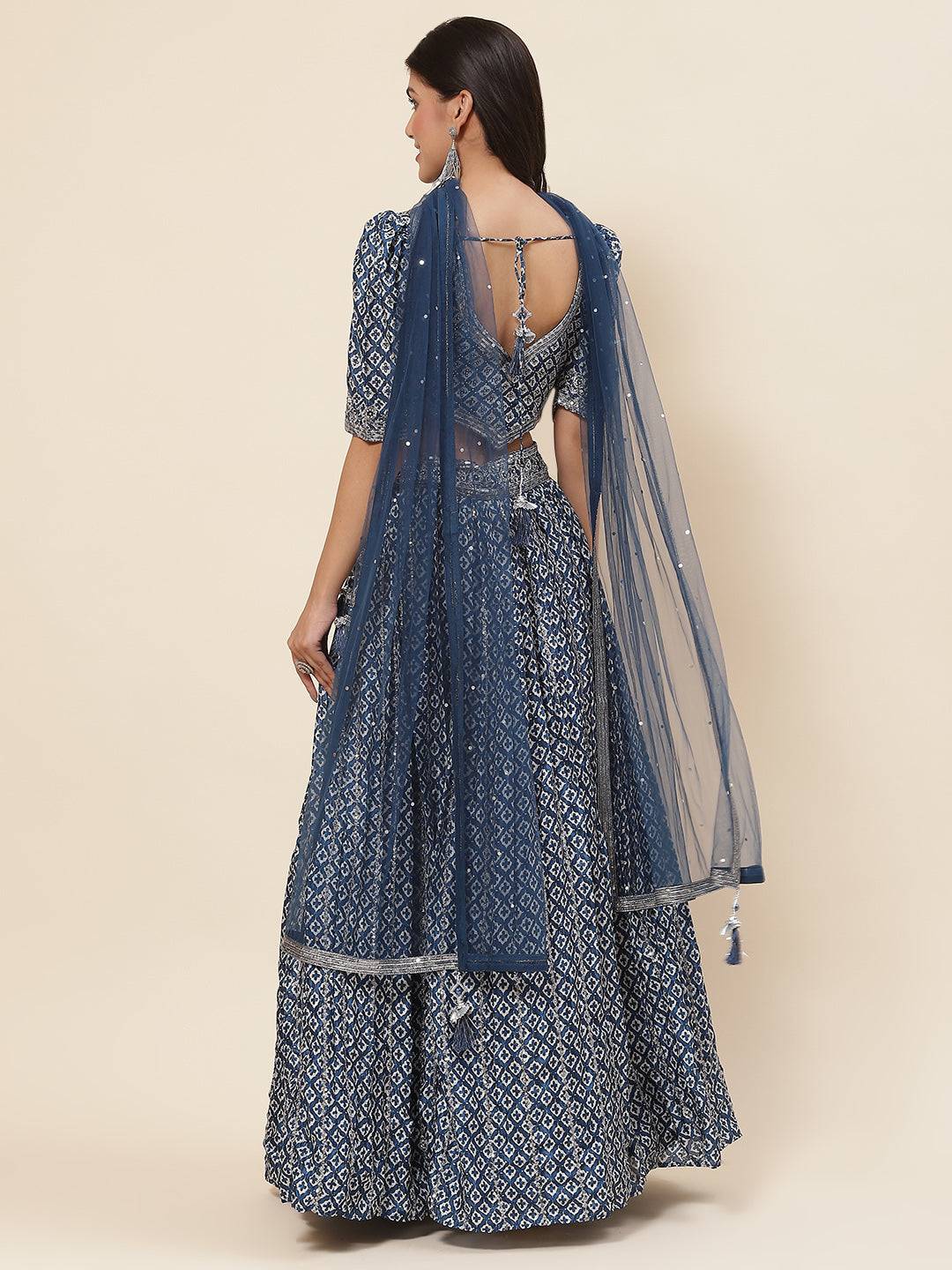 Printed Sequin Embroidered Crepe Choli With Lehenga &amp; Net Dupatta