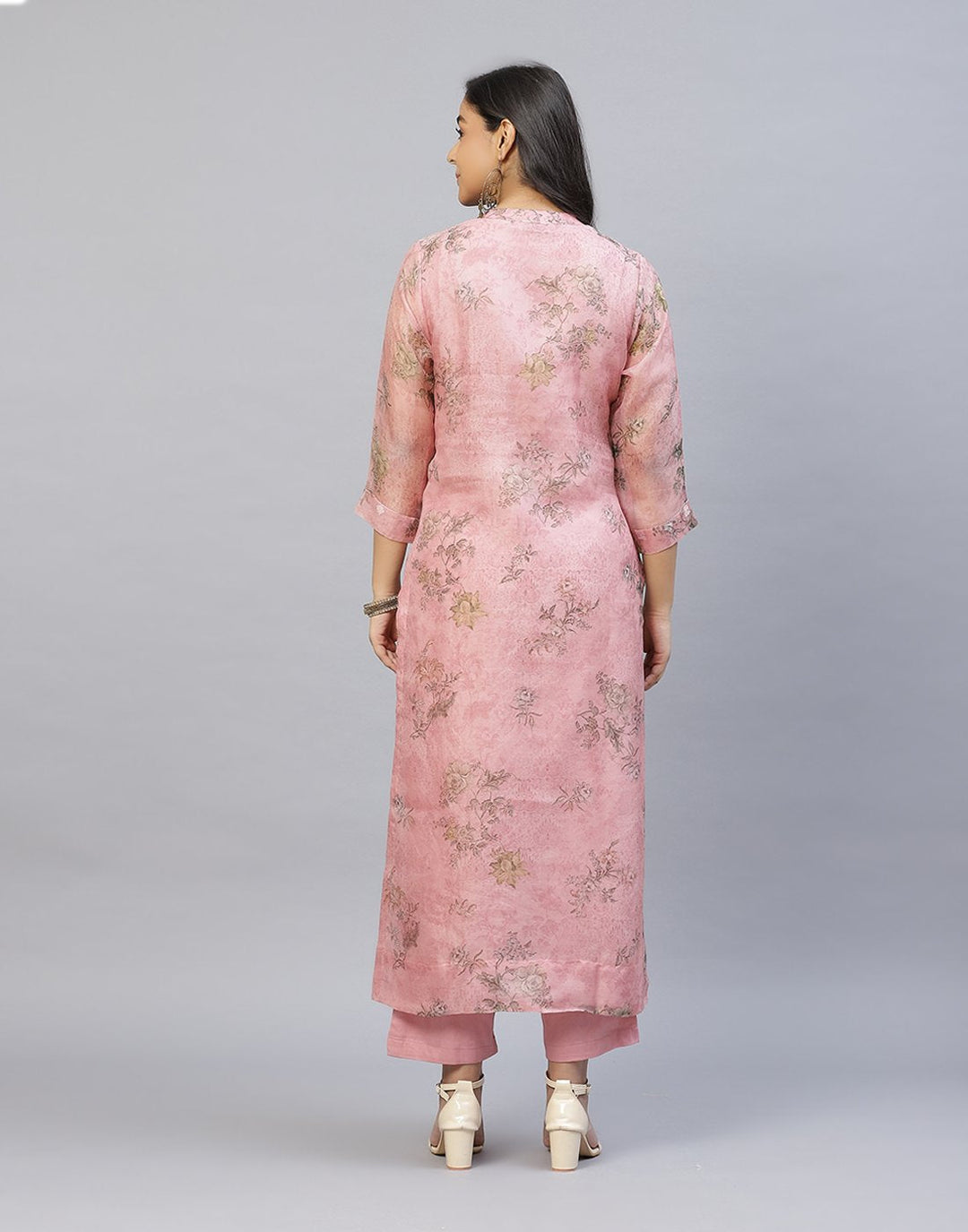 Organza Printed Kurti Pant Set with Yoke Detail