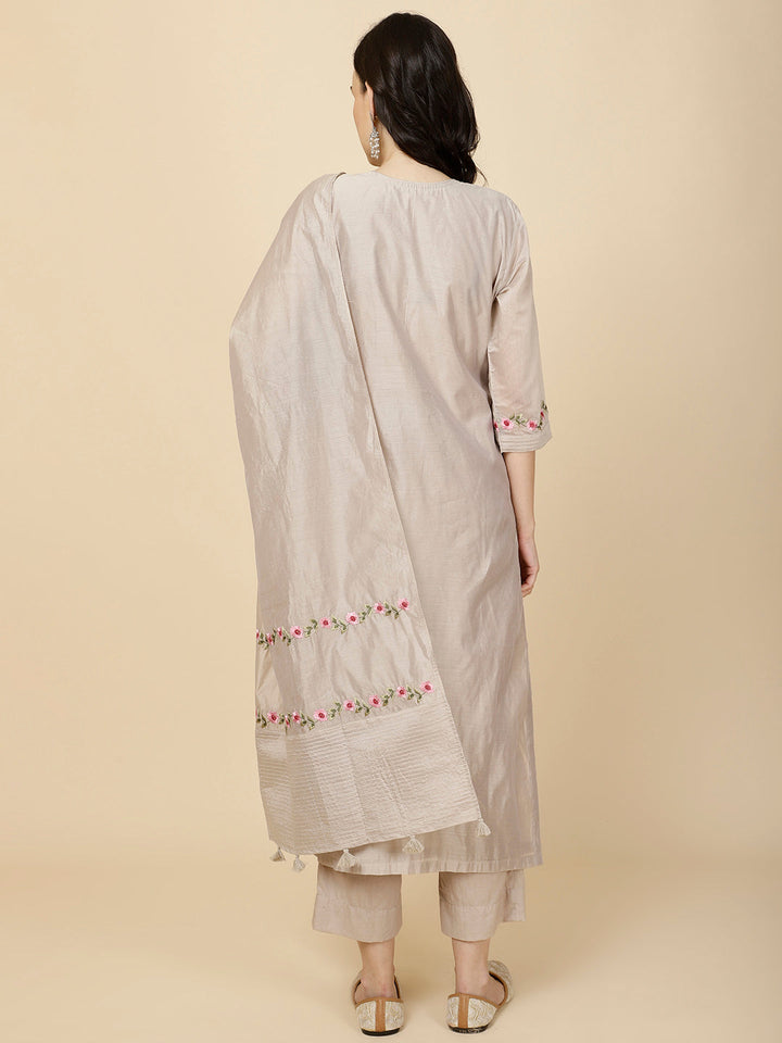Resham &amp; Panel Embroidery Cotton Suit Set With Dupatta