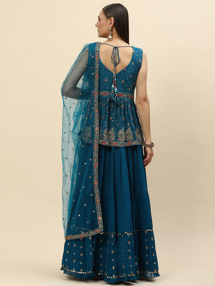 Sequin Embroidered Georgette Peplum Choli With Lehenga &amp; Dupatta