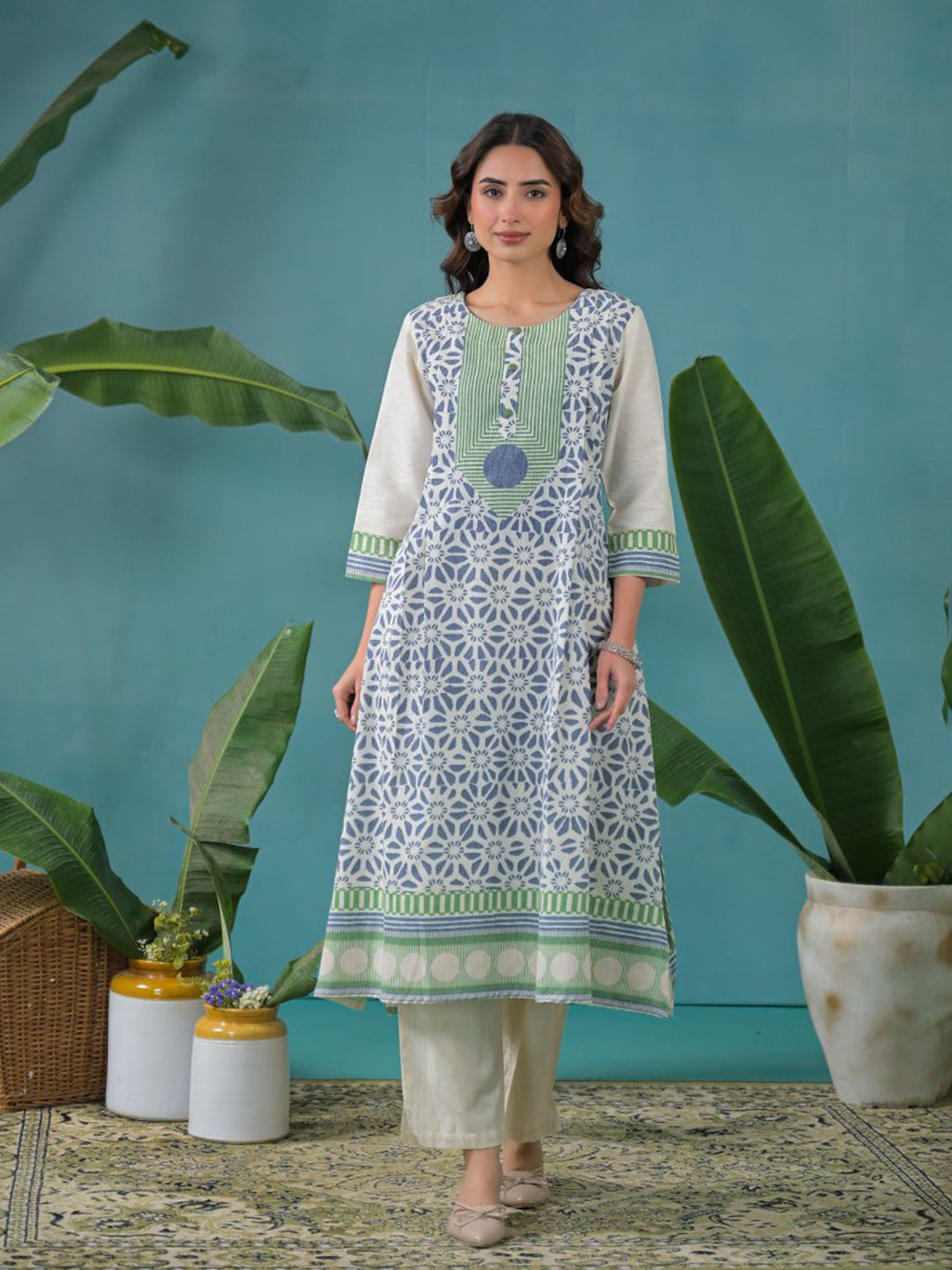 Cream Cotton Blend Printed Straight Suit Set
