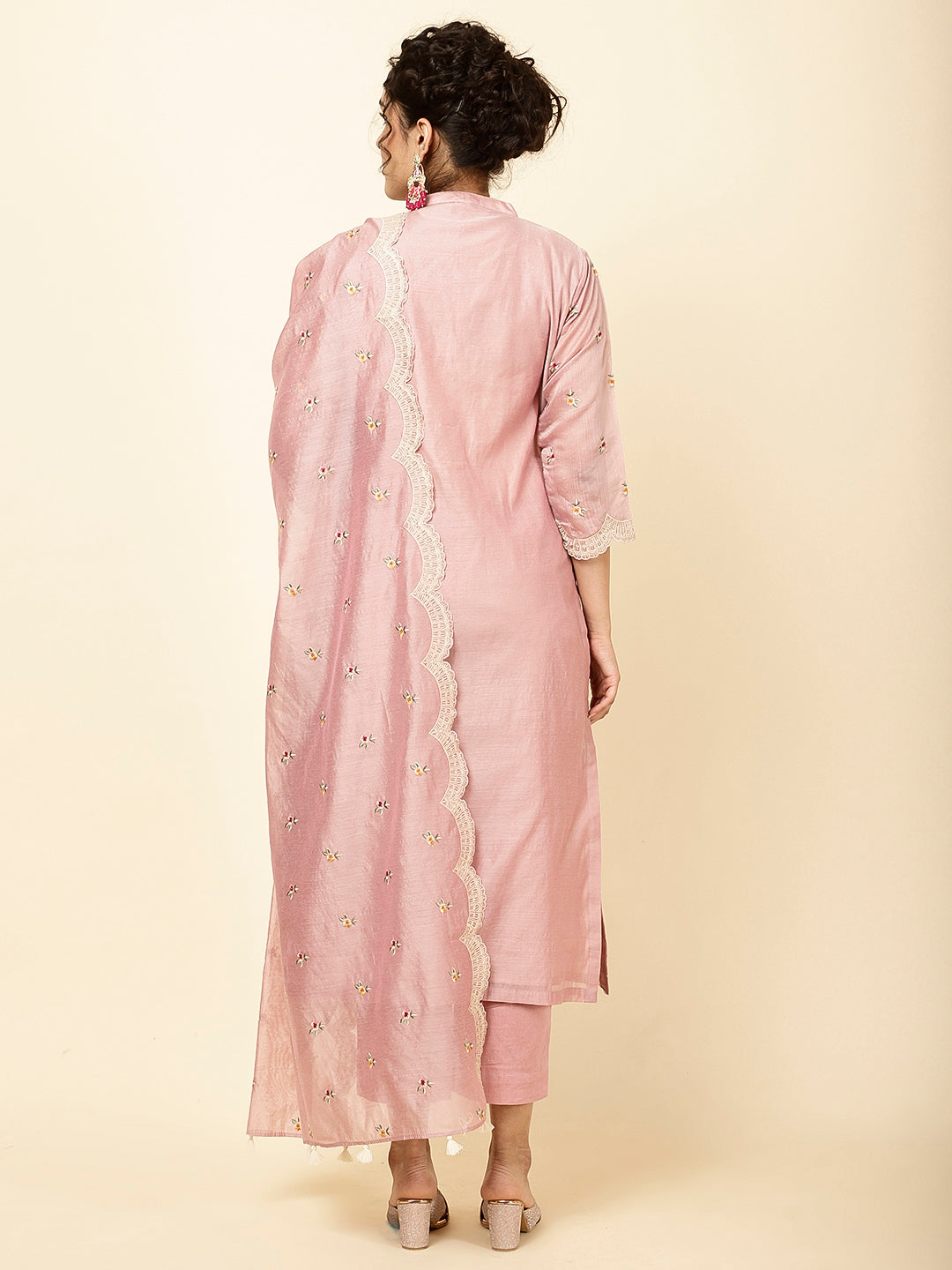 Floral Embroidered Chanderi Kurta With Pants &amp; Dupatta