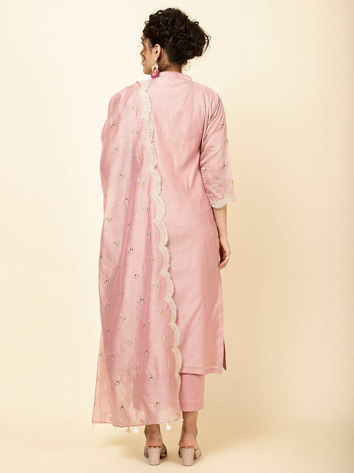 Floral Embroidered Chanderi Kurta With Pants &amp; Dupatta