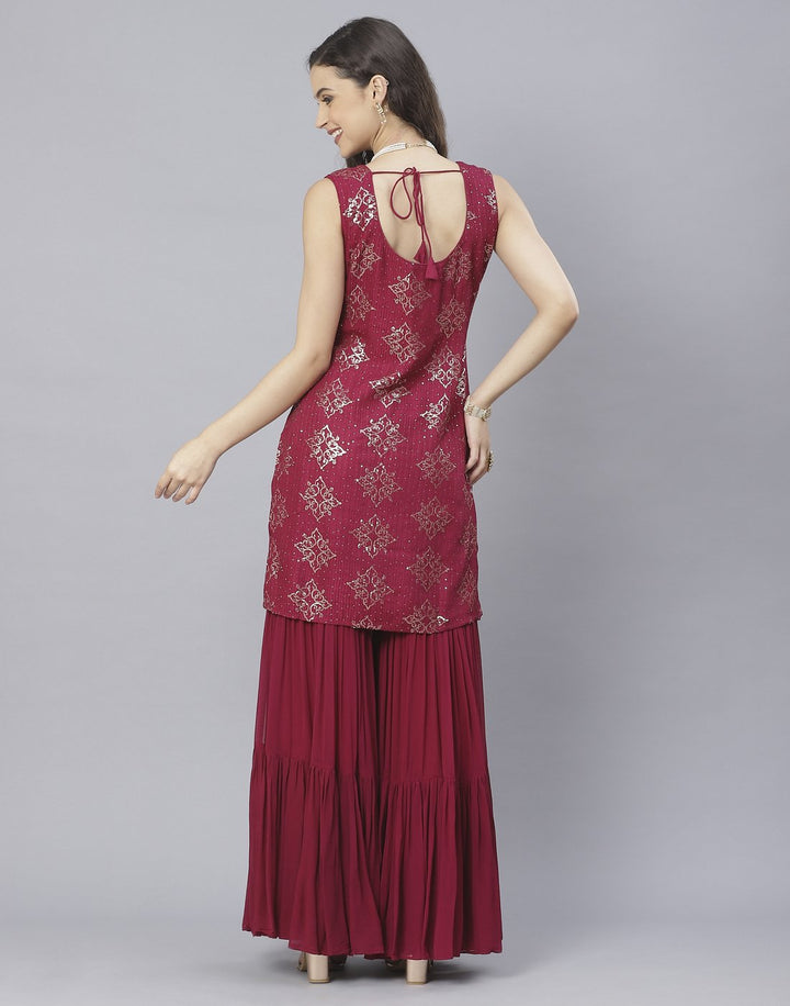 Bottle Green and Wine Art Crepe Salwar Kameez