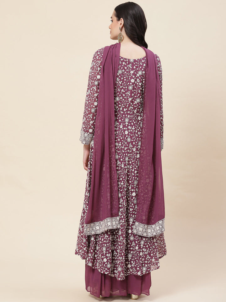 Embroidered Georgette Kurta With Palazzo &amp; Dupatta
